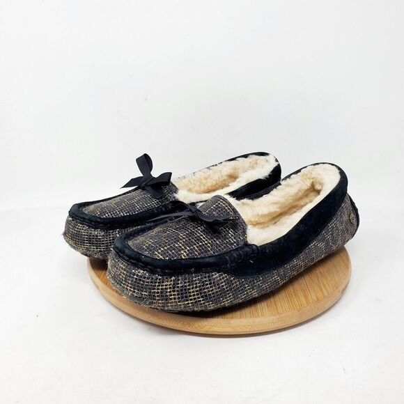 UGG Rylee Slipper Womens 8 Black Metallic Leopard Shearling Loafer Moc Toe Shoe - Picture 2 of 14